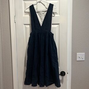 Dark blue linen midi pinafore dress. Handmade from Etsy